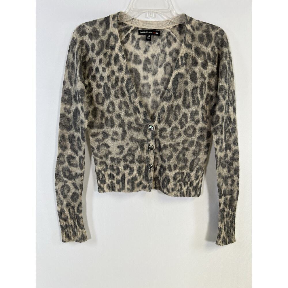 Banana Republic Madmen Leopard Print V-Neck Cardigan Women’s XS Tan Mohair EUC
